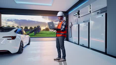 full body side view of asian male engineer with safety helmet working on a laptop while standing with home energy storage system in a modern garage