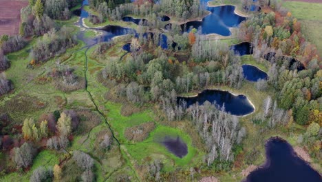 beautiful autumn landscape with  groves, lakes and wooden paths,  aerial