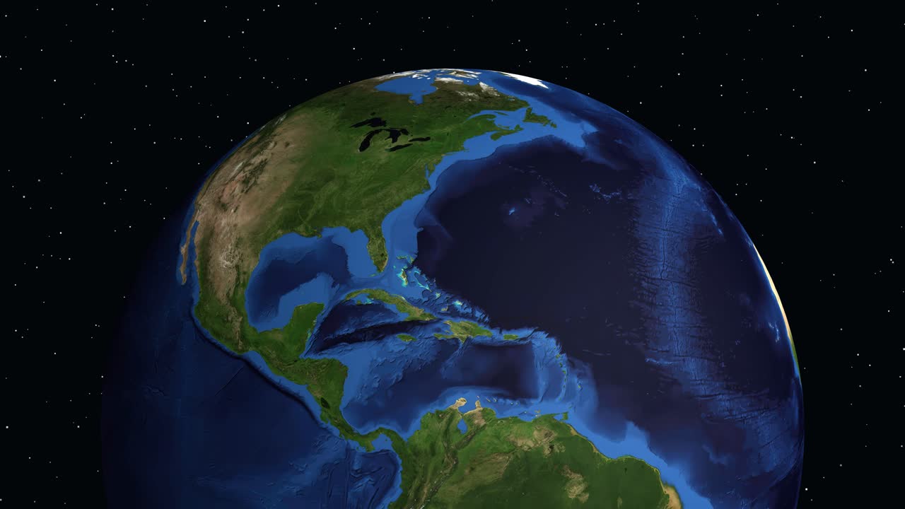 Un globo digitale ruota e ingrandisce il Nord America, evidenziando Waco, Texas, con una sovrapposizione di testo informativo.