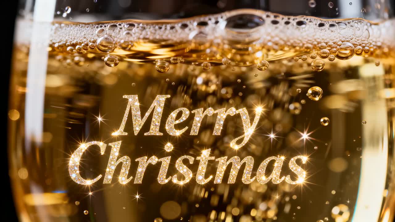 First frame rising bubbles in goblet, starting toast in closeup with Merry Christmas text sparkling