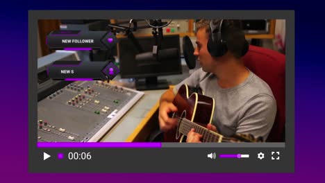 Animation-Des-Social-Media-Bildschirms-über-Einem-Kaukasischen-Mann,-Der-Videoblog-Erstellt-Und-Gitarre-Spielt