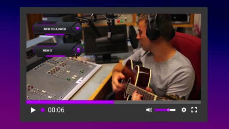animación de la pantalla de las redes sociales sobre un hombre caucásico haciendo un video blog y tocando la guitarra