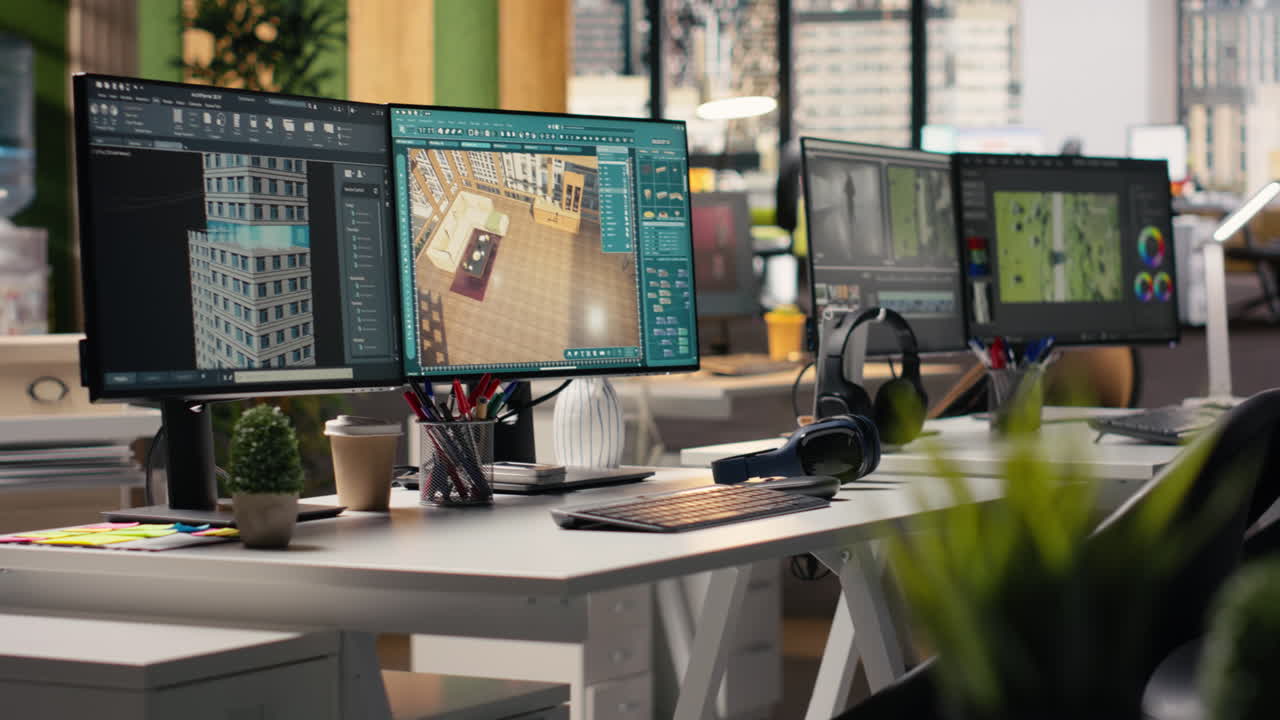 Software di architettura, in uno spazio ufficio vuoto, per la progettazione di interni con planimetria.
