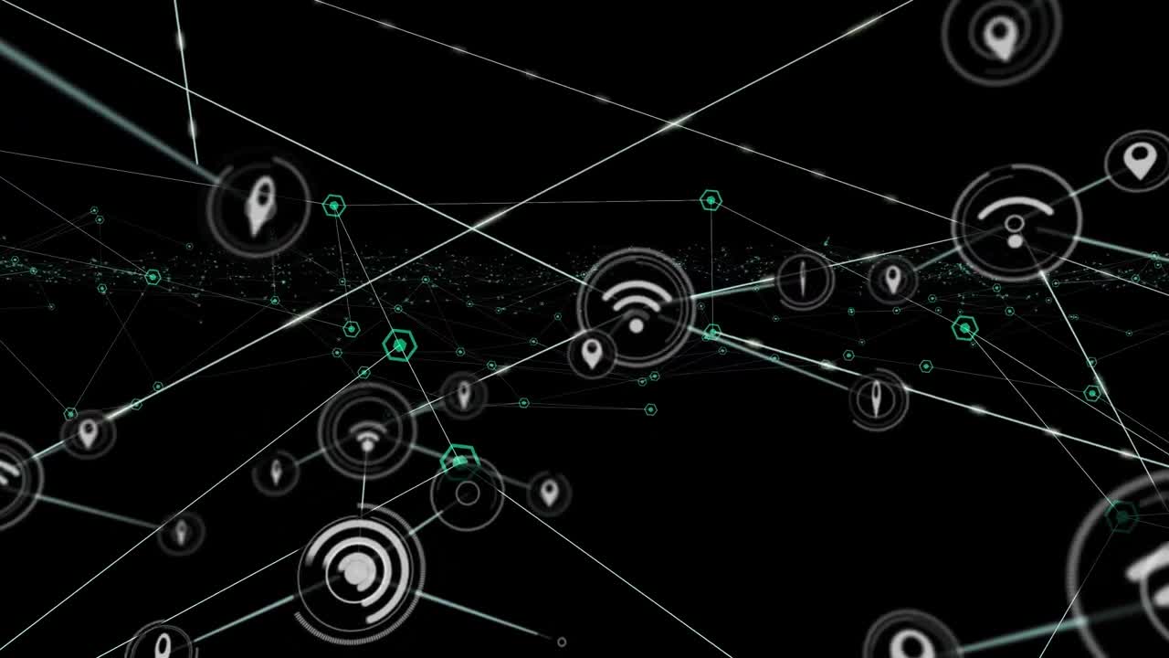 animación de la red de conexiones con iconos de medios en fondo negro