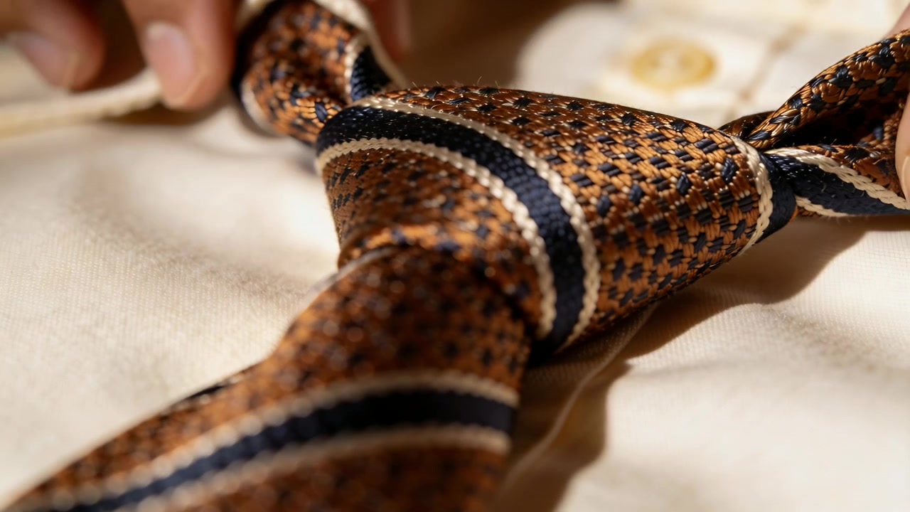 Una mano si avvicina, un uomo allaccia una cravatta marrone su una camicia elegante color crema in camera da letto, sistemando il nodo per il lavoro