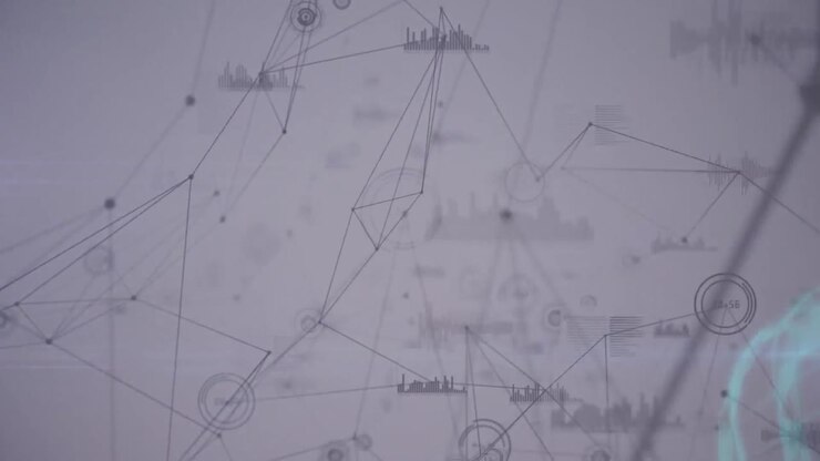 Animation of network of connections with glowing spots over grey background