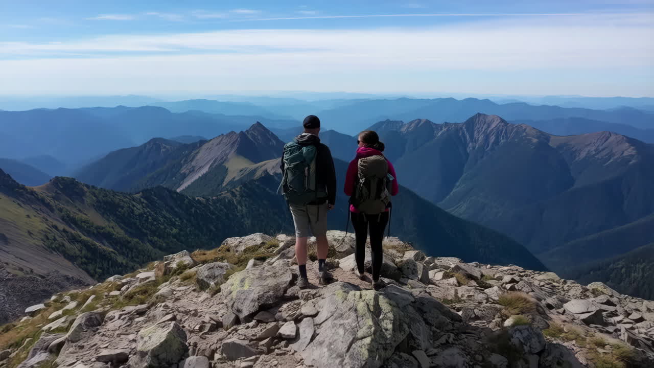 Two Hikers on a Mountain Summit with a Vast Landscape View