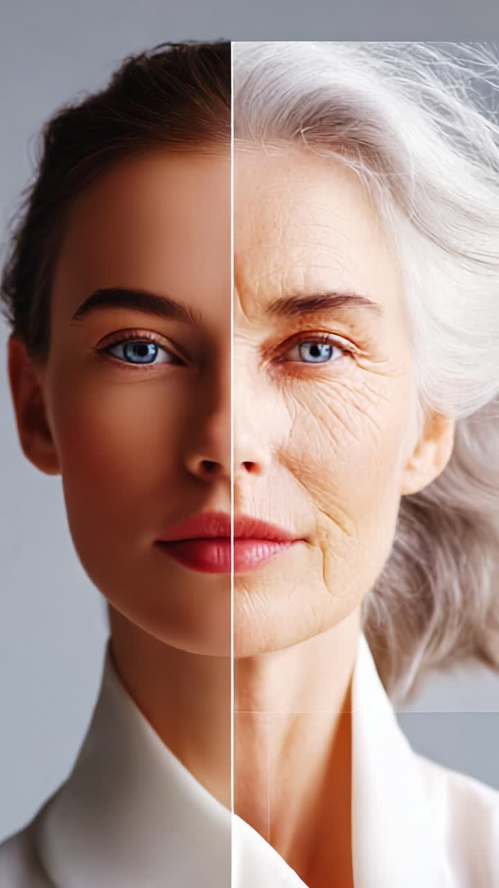 Un sorprendente confronto visivo tra volti giovani e invecchiati, che mostra gli effetti del tempo su pelle, lineamenti ed espressione, evidenziando la bellezza in ogni fase della vita