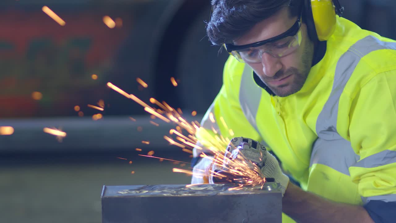 trabajador masculino caucásico en un uniforme seguro usar soldadores cueros, rueda eléctrica molienda en la estructura de acero en el factor en el garaje, chispas bokeh naranja vuelan a los lados