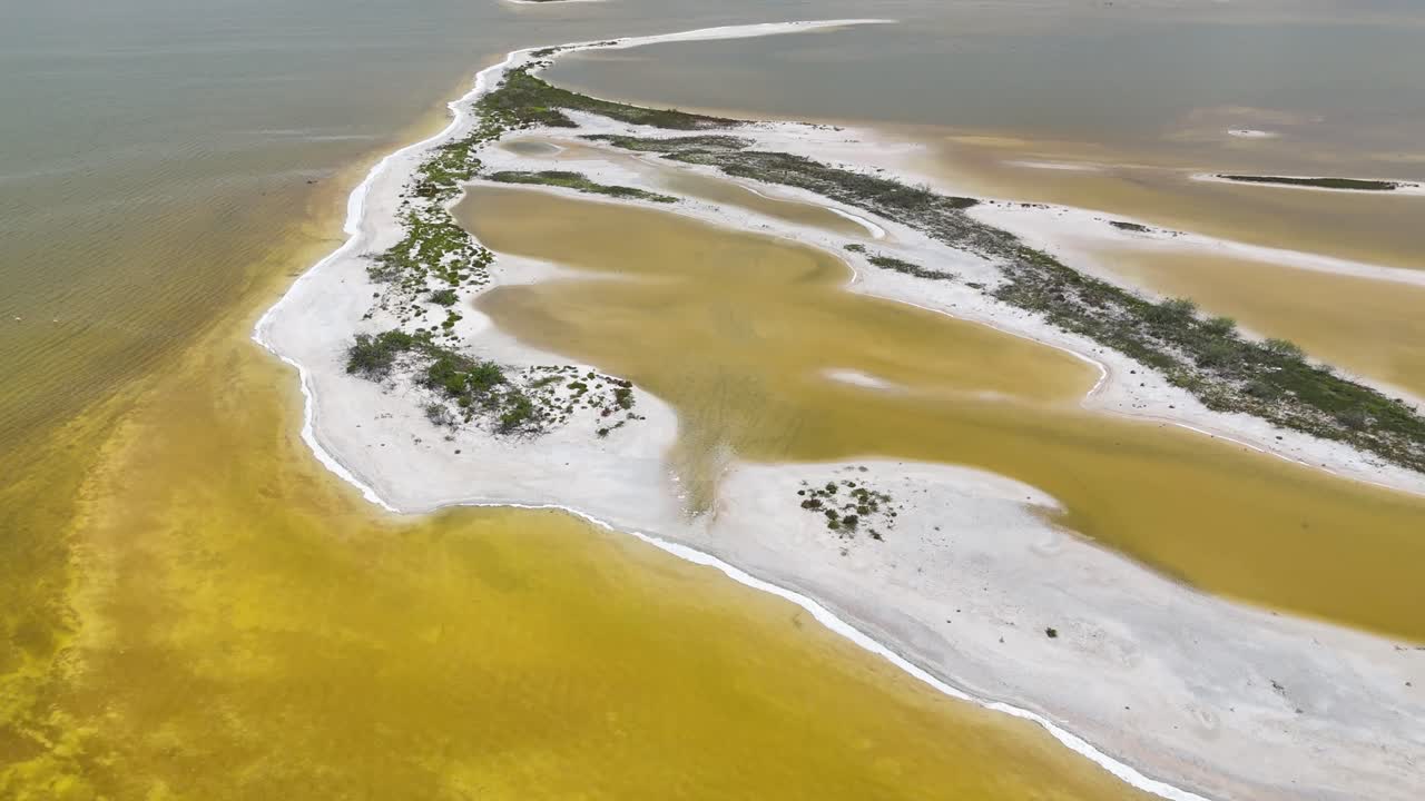 Vista panorámica con dron del estuario poco profundo y los bancos de arena de la Reserva de la Biosfera Ría Lagartos en Yucatán, México, con manglares y aguas salobres que se unen al Golfo