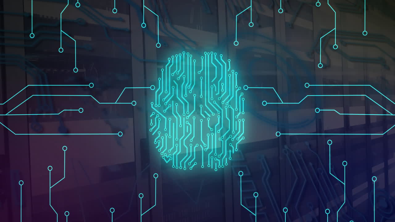 Animation of digital brain, circuit board and data processing over computer servers