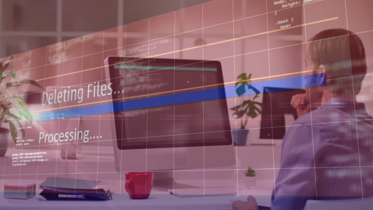 Deleting files and processing animation over person working at desk with computer