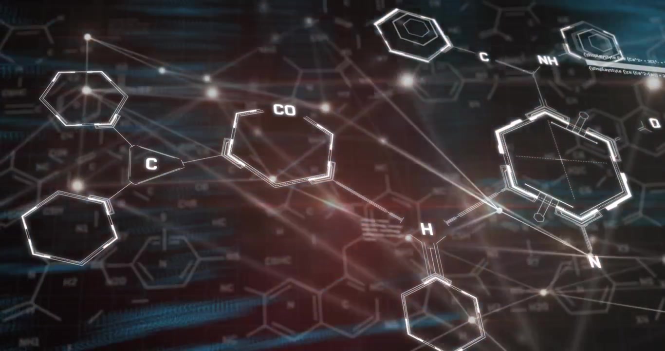 Animation of network of connections and chemical structures over data processing on red background