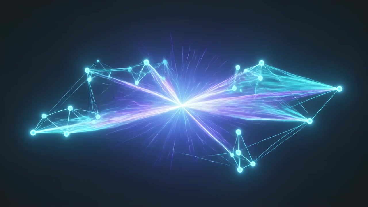 Bursting central core driving net pulsing, reshaping against dark void, with cyan ribbons and nodes