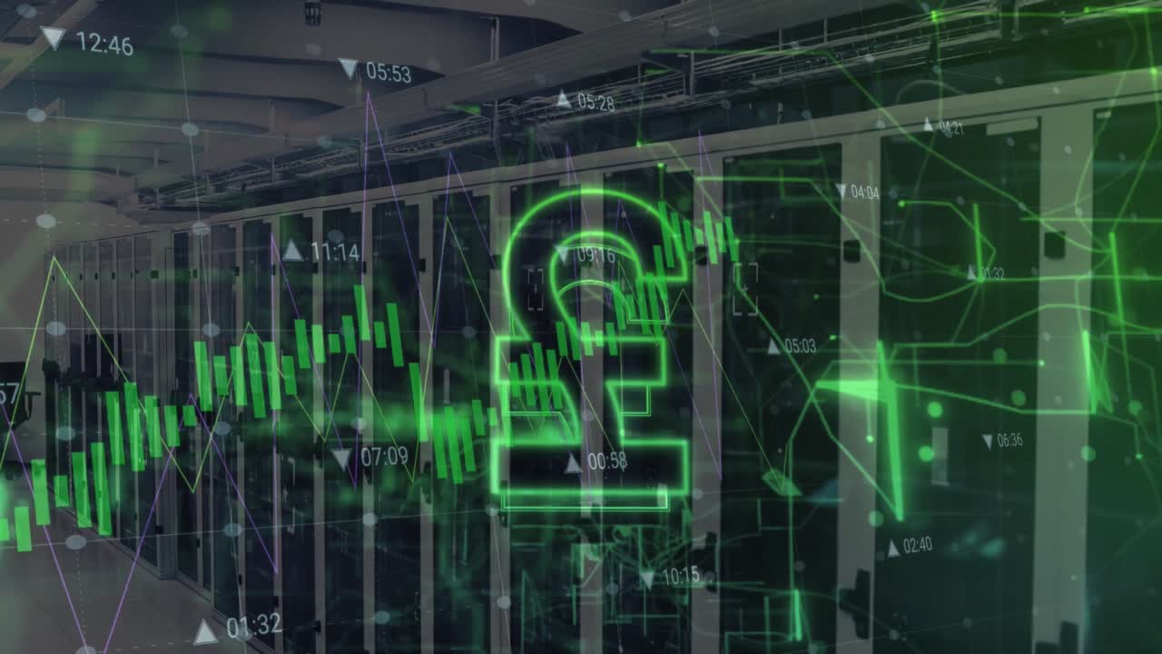 Animation of pound symbol, green light trails and data processing against computer server room