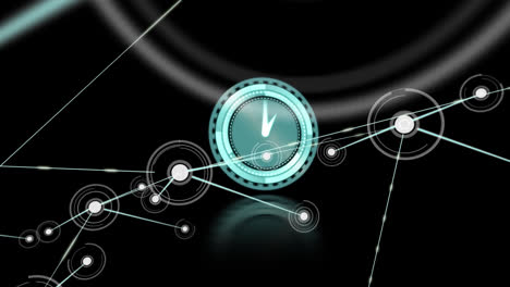 Animation-of-clock-with-rotating-hands-and-network-of-connections-on-black-background