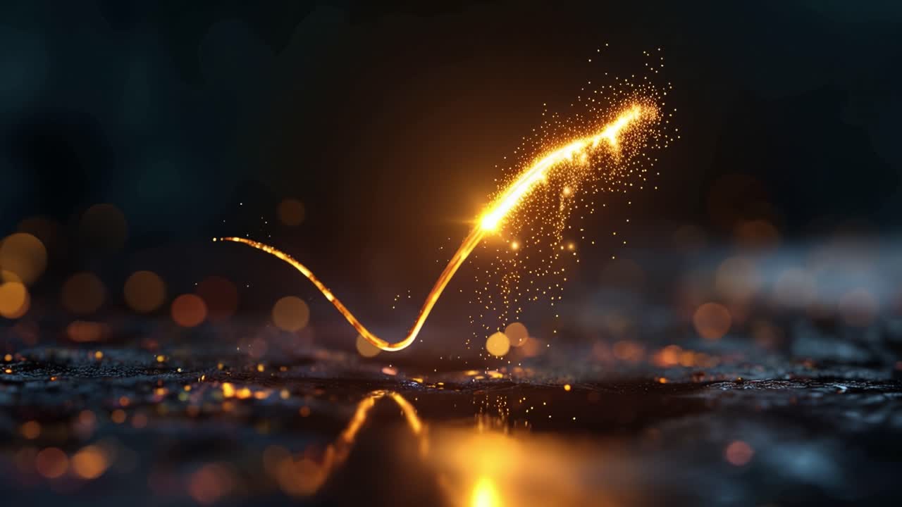 Scie di scintille dorate si innalzano da una superficie scura. Esplosioni di luce brillano come un segno magico. Particelle fluttuano, riflettendosi nell'acqua. Fluisce energia astratta e senza emozioni. Ideale per immagini di tecnologia, innovazione o successo