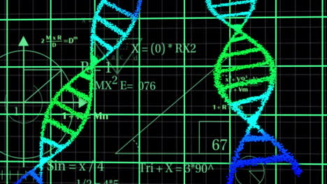 cadenas de adn y ecuaciones matemáticas sobre el fondo de la cuadrícula verde