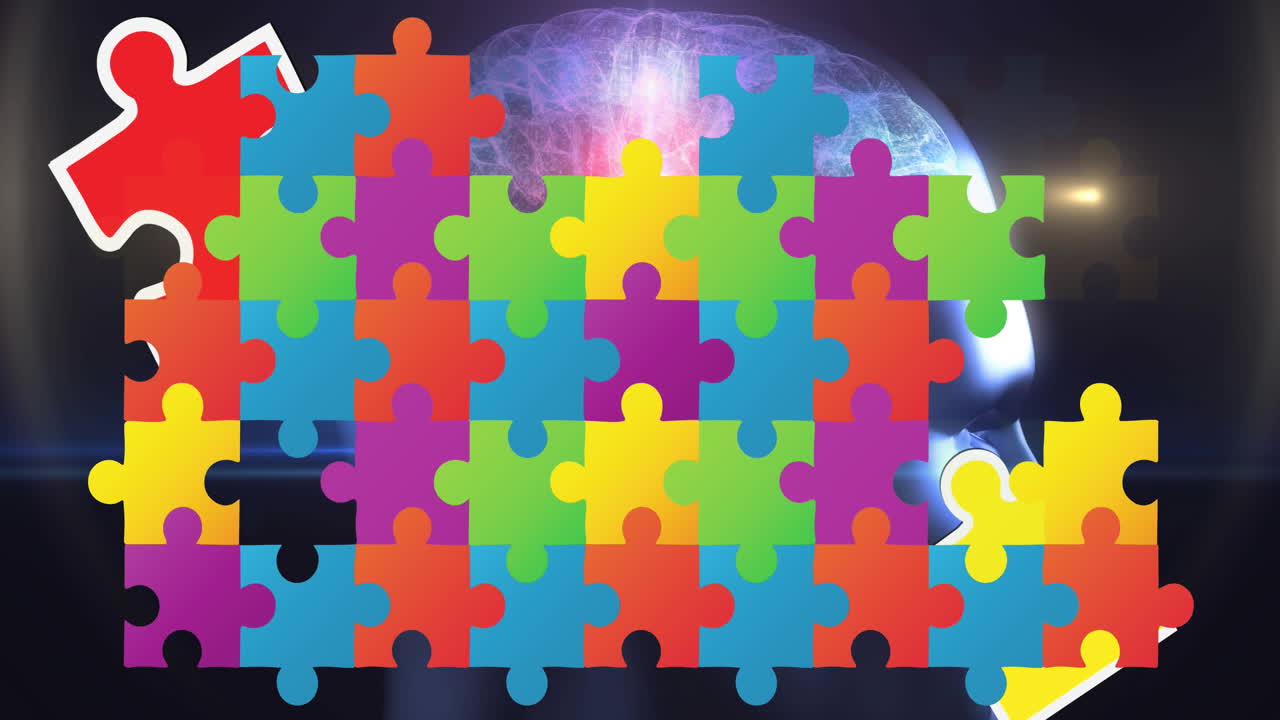 인간 머리 위 에 있는 다채로운 퍼즐 조각 들 의 애니메이션
