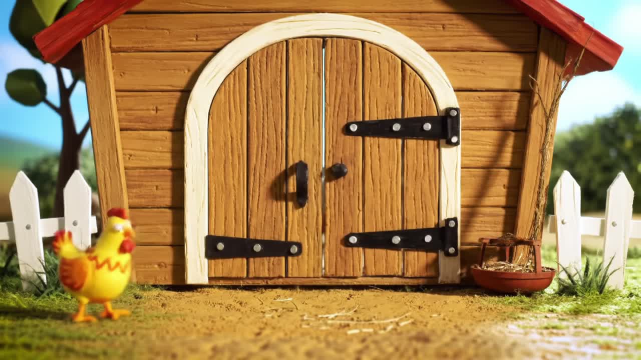 A Bright and Cheerful Scene at the Chicken Coop with Colorful Hens Gathering Around the Open Doorway, Capturing a Vibrant Farmyard Atmosphere and Playful Charm