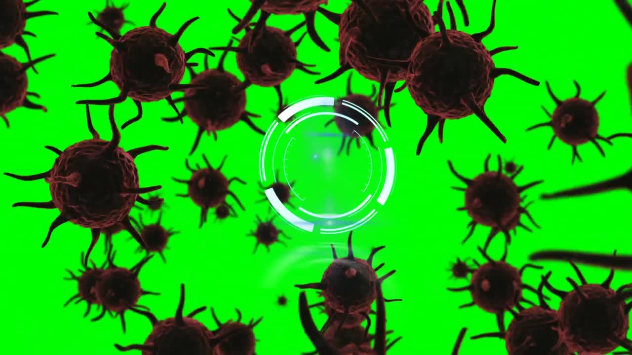 Animation of circular scanner over covid 19 cells, processing data, on bright green