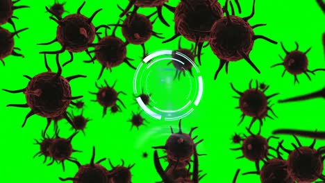 animación de un escáner circular sobre las células de covid 19, procesamiento de datos, en verde brillante