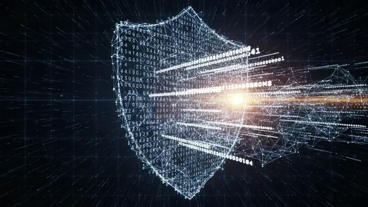 An Abstract Representation of Cybersecurity with Digital Shield and Data Streams Highlighting Protection Against Threats in a High-Tech Environment