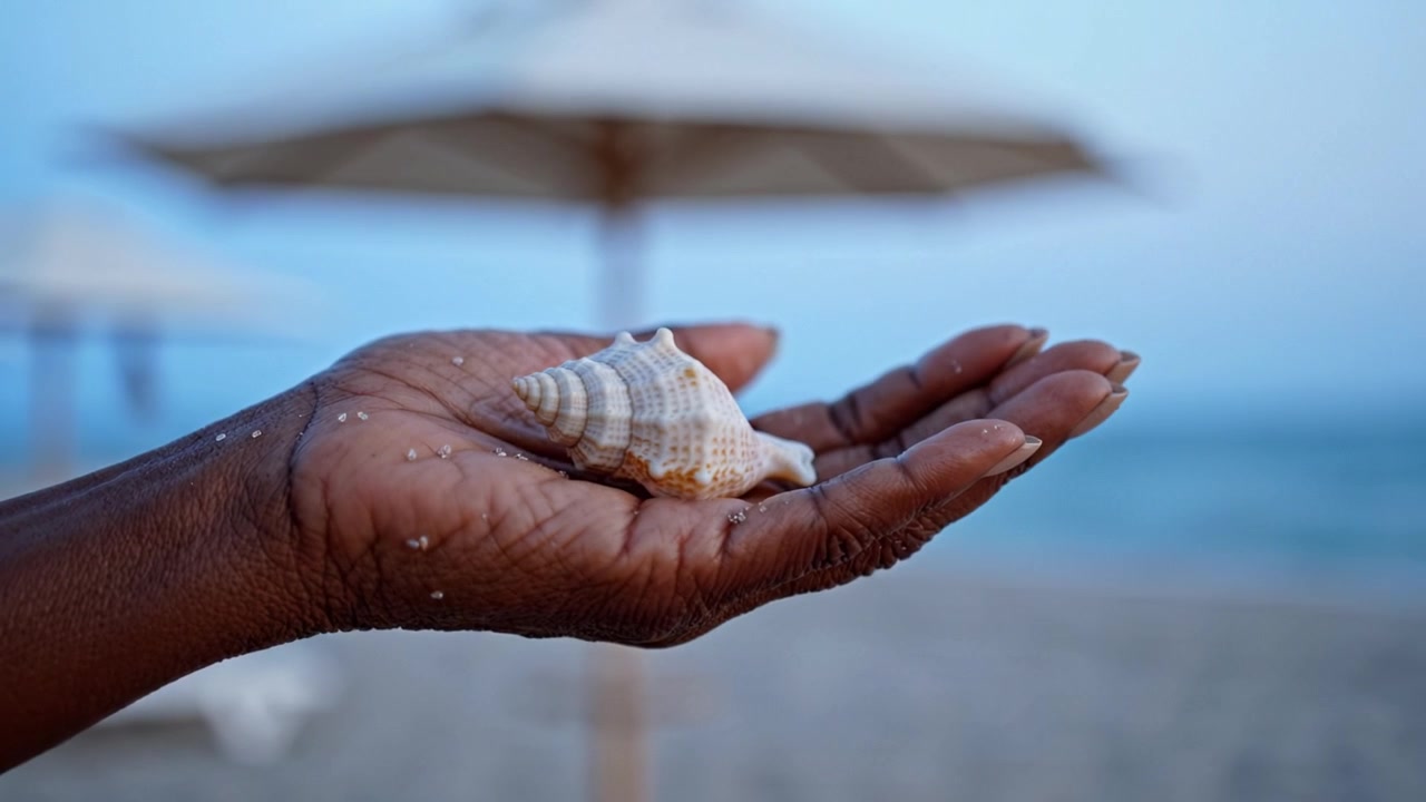 A Close-Up of a Seashell Held in a Hand with Tranquil Beach Background and Summer Vibes, Capturing the Beauty of Nature and Beach Life at Dusk.