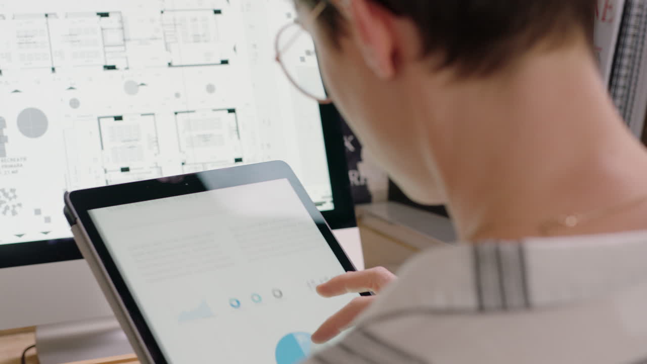 business woman architect using tablet computer browsing research screen showing architecture plans female engineer working on design ideas for creative development project