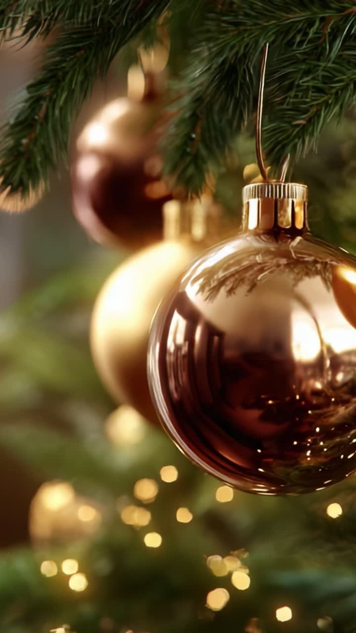 A Close-Up View of Shine and Sparkle: Beautiful Christmas Ornaments Hanging from a Majestic Evergreen Tree, Exuding Warmth and Cheer, Perfect for Celebrating the Holiday Season with Family and Friends