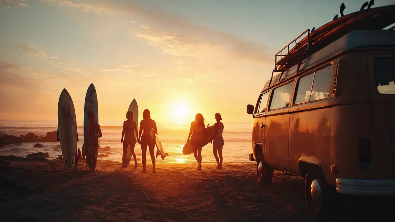 Amici che si godono una sessione di surf al tramonto in spiaggia con un furgone vintage nelle vicinanze
