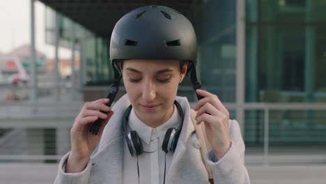 portrait of young caucasian business woman executive commuter puts on safety helmet smiling enjoying urban city travelin city