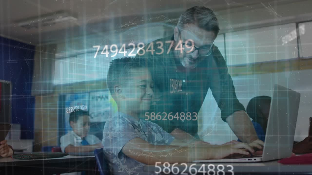 Teacher guiding student at laptop in classroom while student typing for lesson, initiating HUD