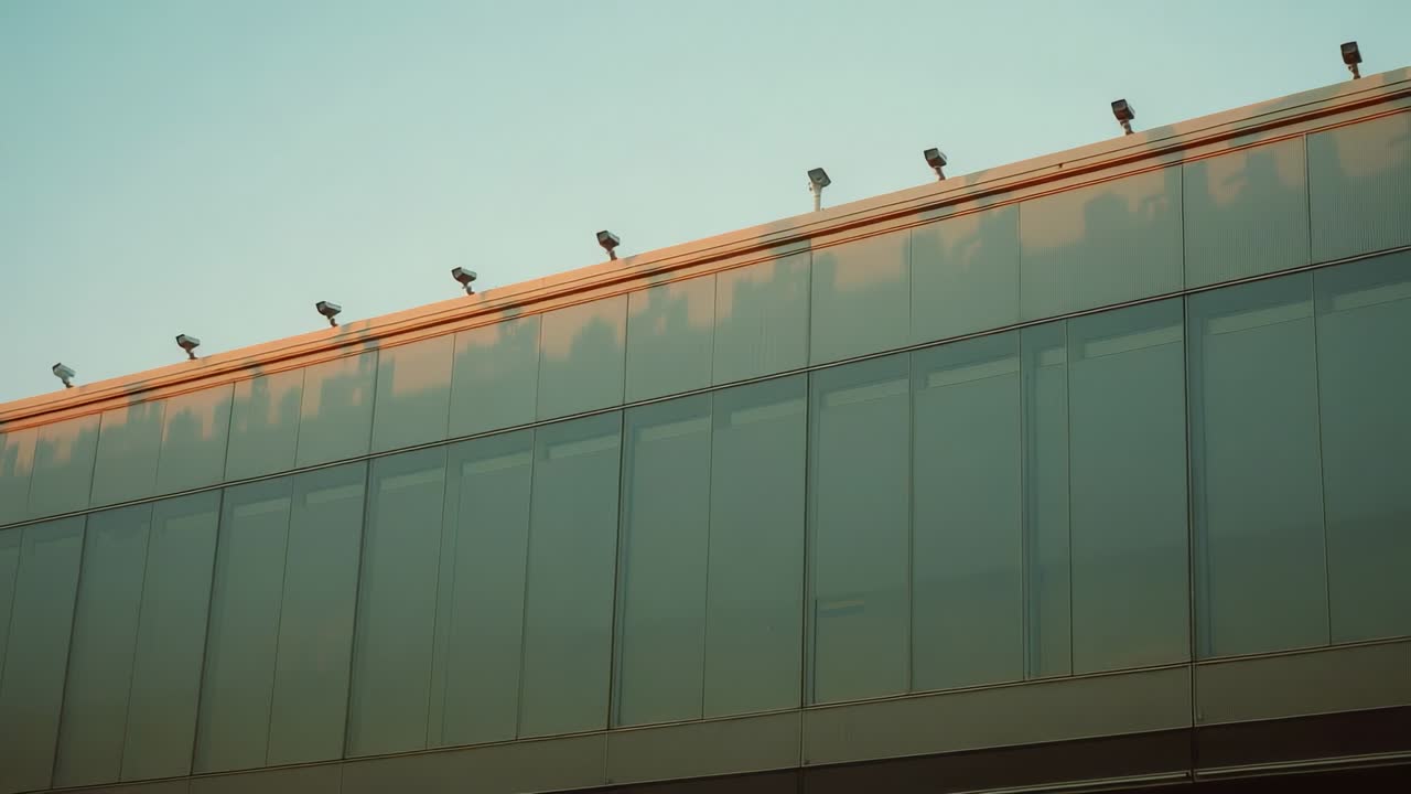 Camera capturing glass panels reflecting sunset glow, holding shot with floodlights