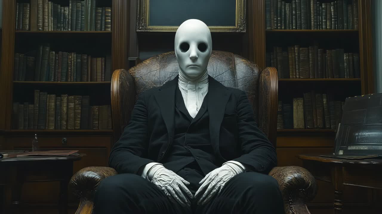 Man in a mask sitting in a library chair