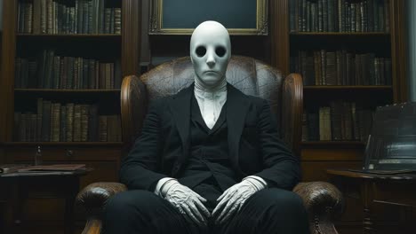 man in a mask sitting in a library chair