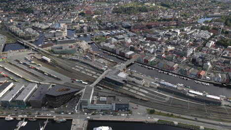 trondheim city during daytime in norway - aerial pullback