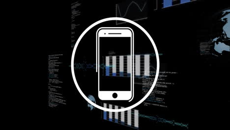animación de iconos de teléfonos inteligentes sobre gráficos y gráficos de datos financieros