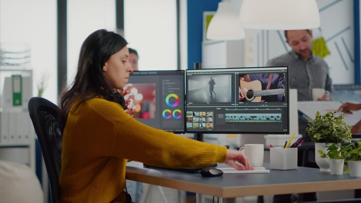 Colleagues discussing about video project adjusting film footage