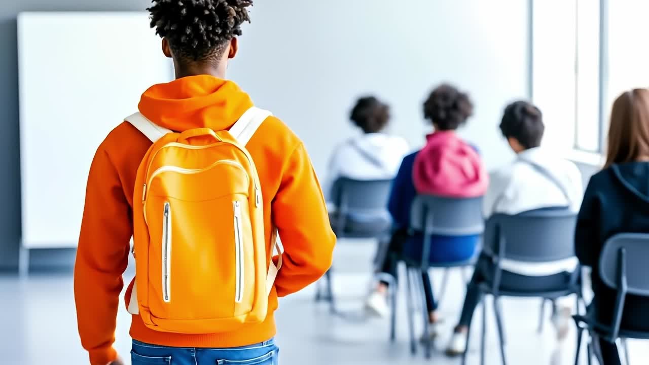A man with a backpack walking in front of a classroom full of students