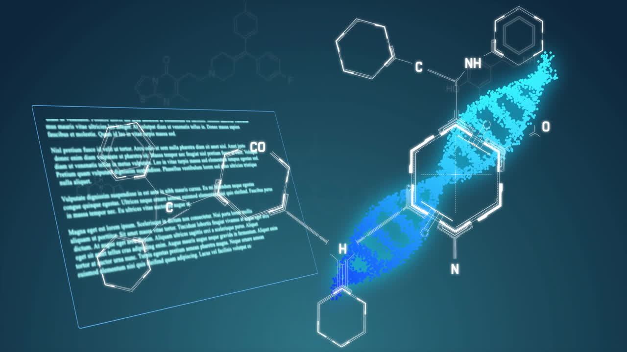화학 구조 및 분자 데이터 애니메이션 과학 텍스트 및 dna 스트랜드