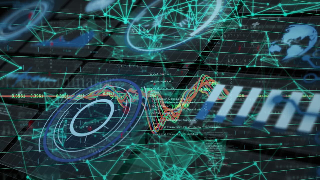 video generado digitalmente de ondas coloridas con puntos de conexión y gráficos por computadora