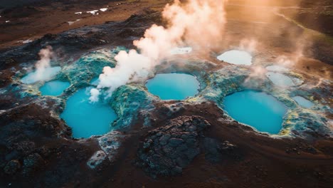 aerial view of vibrant geothermal hot springs: captivating blue waters surrounded by steam and unique rock formations in a stunning natural landscape