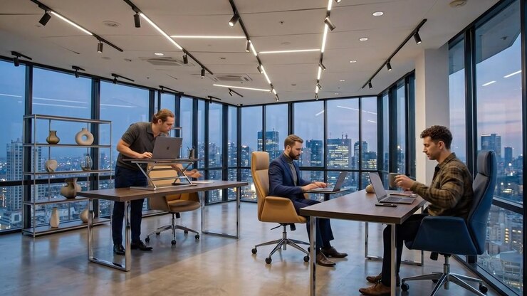 Modern corporate conference room with panoramic city skyline view