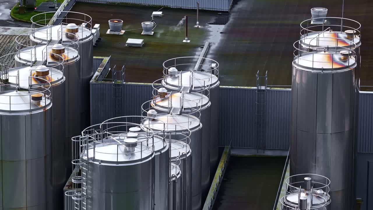 Aerial panoramic fly water treatment plant tanks industrial facility establisher
