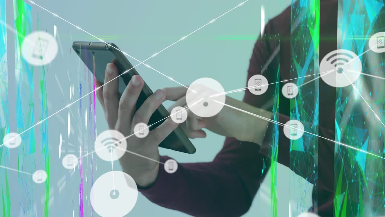 Animación de red y trabajadores simbolizando conexiones empresariales globales en video digital