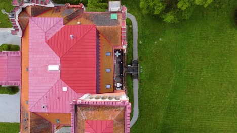 small castle of rotenturm in austria, aerial top down ascend view