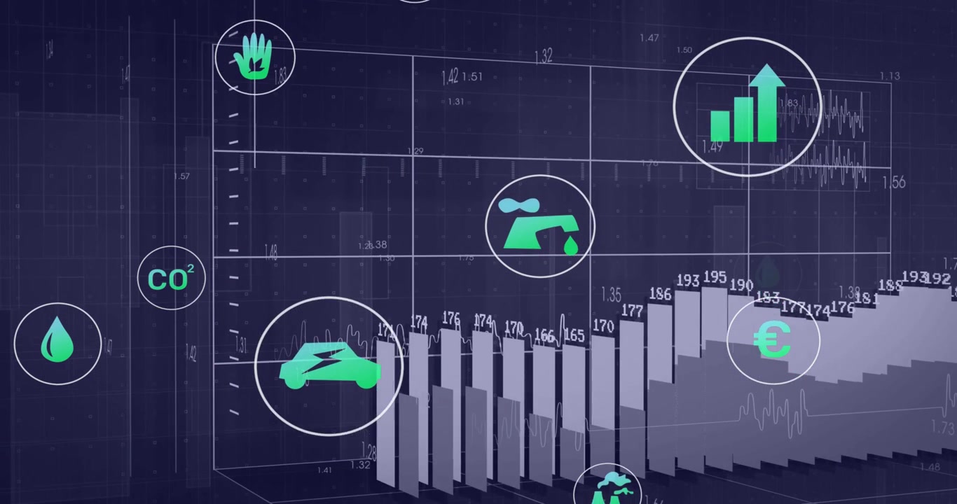 Icone metriche che si muovono in una griglia wireframe, barre che salgono, collegando CO2 e auto, mostrando la sostenibilità