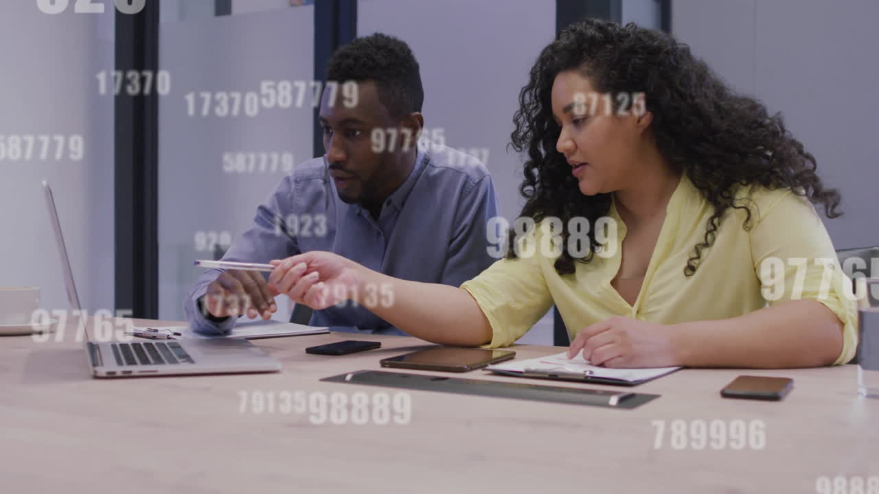 Animation of data processing over diverse business people in office