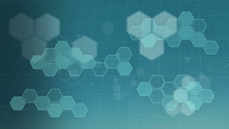 animation of scientific network of hexagons over grid on blue background